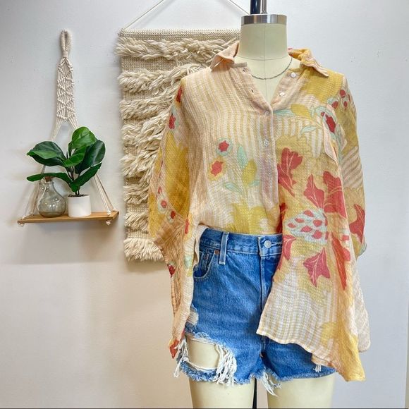 Free People Tops - Free People Oversized Bohemian Tropical Lightweight Button Down Shirt Blouse